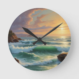 Sunset Seascape Painting Artwork Round Clock
