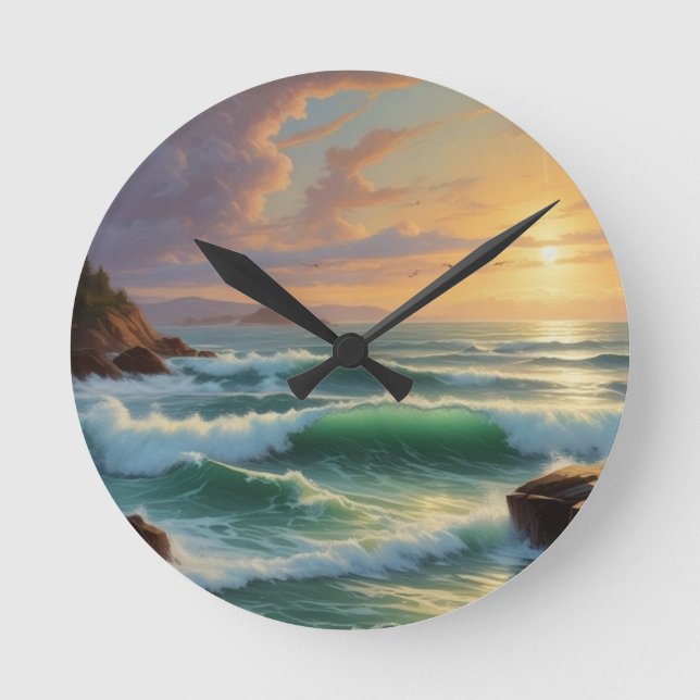 Sunset Seascape Painting Artwork Round Clock (Front)