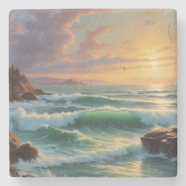 Sunset Seascape Painting Artwork Stone Coaster (Front)