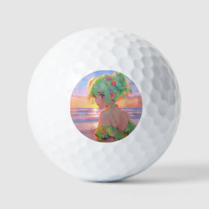 Sunset Seaside Anime Girl with Mint Hair Buns Golf Balls
