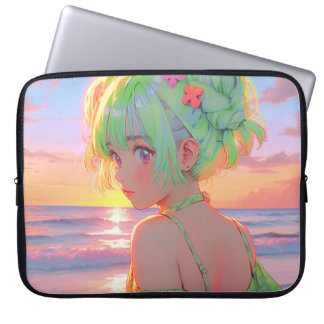 Sunset Seaside Anime Girl with Mint Hair Buns Laptop Sleeve