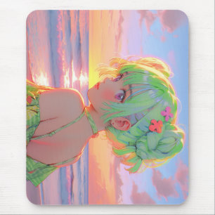 Sunset Seaside Anime Girl with Mint Hair Buns Mouse Pad