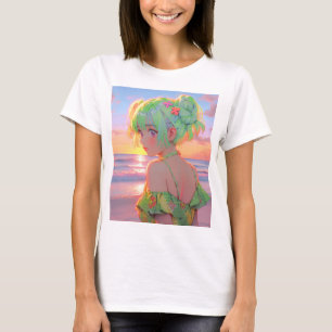 Sunset Seaside Anime Girl with Mint Hair Buns T-Shirt