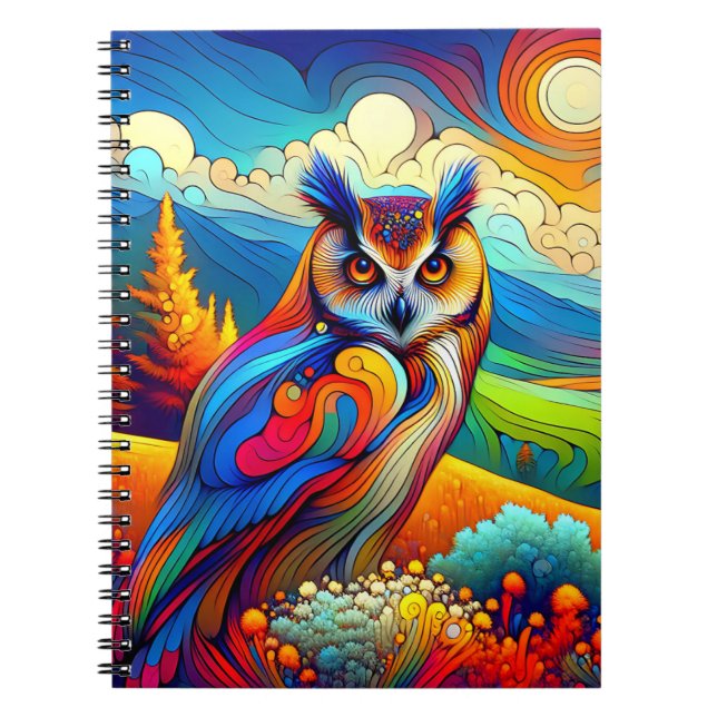 Sunset Sentinel Owl – Vibrant Landscape Art Notebook (Front)