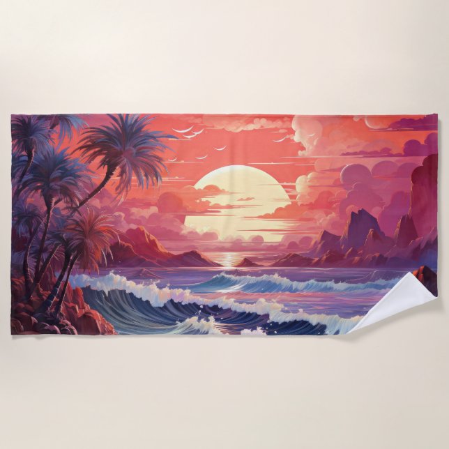 Sunset Serenity: A Tropical Dreamscape Beach Towel (Front)