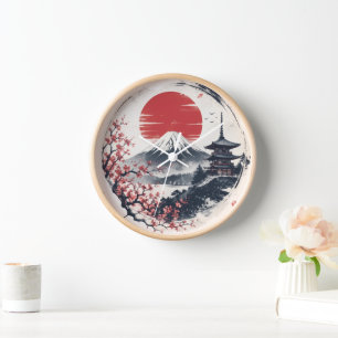 Sunset Serenity at Mount Fuji – Japanese Ink Art Clock