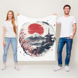 Sunset Serenity at Mount Fuji – Japanese Ink Art  Fleece Blanket