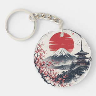 Sunset Serenity at Mount Fuji – Japanese Ink Art  Key Ring