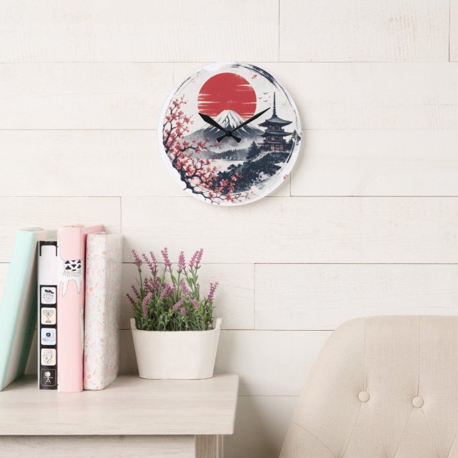 Sunset Serenity at Mount Fuji – Japanese Ink Art  Large Clock (Reading Room)