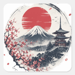 Sunset Serenity at Mount Fuji – Japanese Ink Art  Square Sticker