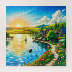 Sunset Serenity by the Lakeside Village Jigsaw Puzzle