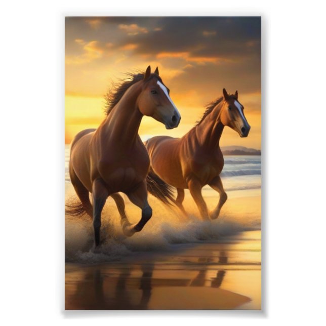 Sunset Serenity with Pair of Coastal Horses Photo Print (Front)