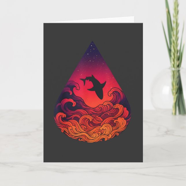 Sunset Shark Silhouette Ocean Teardrop Vibrant Card (Front)