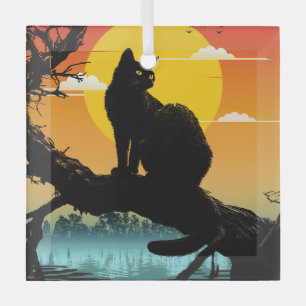 Sunset Silhouette Cat And Tree Glass Tree Decoration