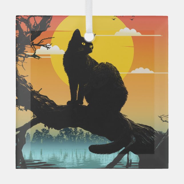 Sunset Silhouette Cat And Tree Glass Tree Decoration (Front)