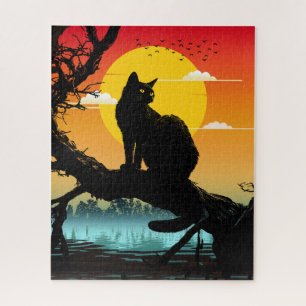 Sunset Silhouette Cat And Tree Jigsaw Puzzle