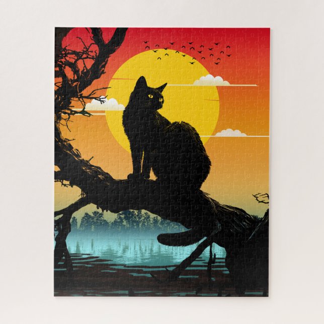 Sunset Silhouette Cat And Tree Jigsaw Puzzle (Vertical)