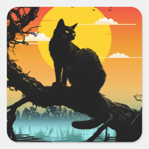Sunset Silhouette Cat And Tree Square Sticker