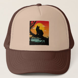 Sunset Silhouette Cat And Tree Trucker Hat