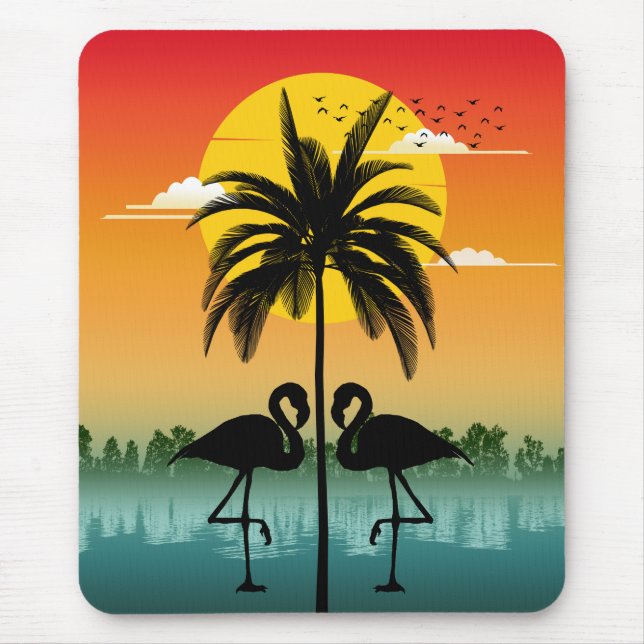 Sunset Silhouette Flamingo Lover Summer Vibes Mouse Pad (Front)