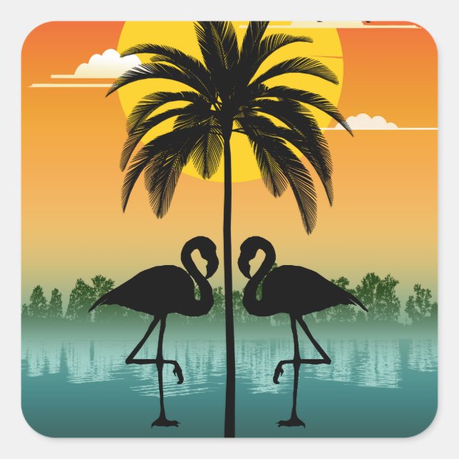 Sunset Silhouette Flamingo Lover Summer Vibes Square Sticker (Front)