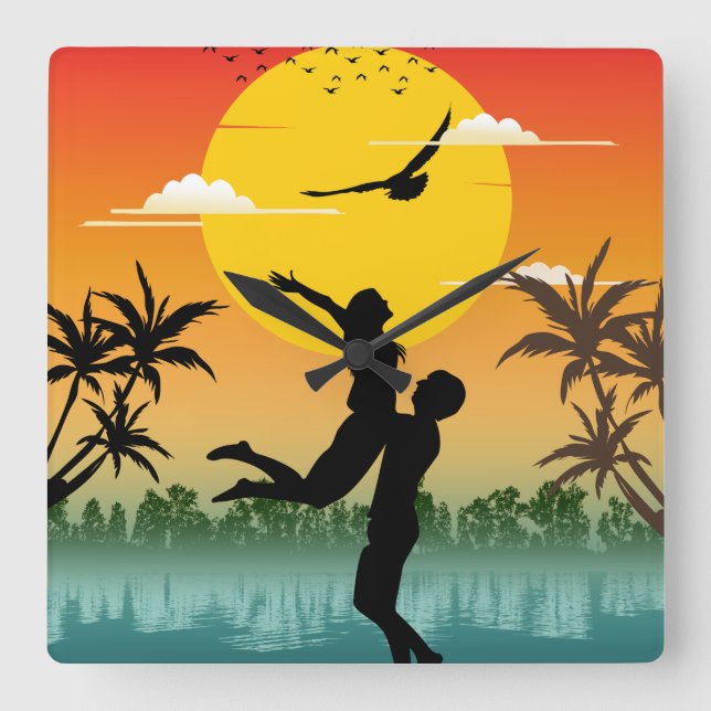 Sunset Silhouette Lover Summer Vibes Romantic Gift Square Wall Clock (Front)