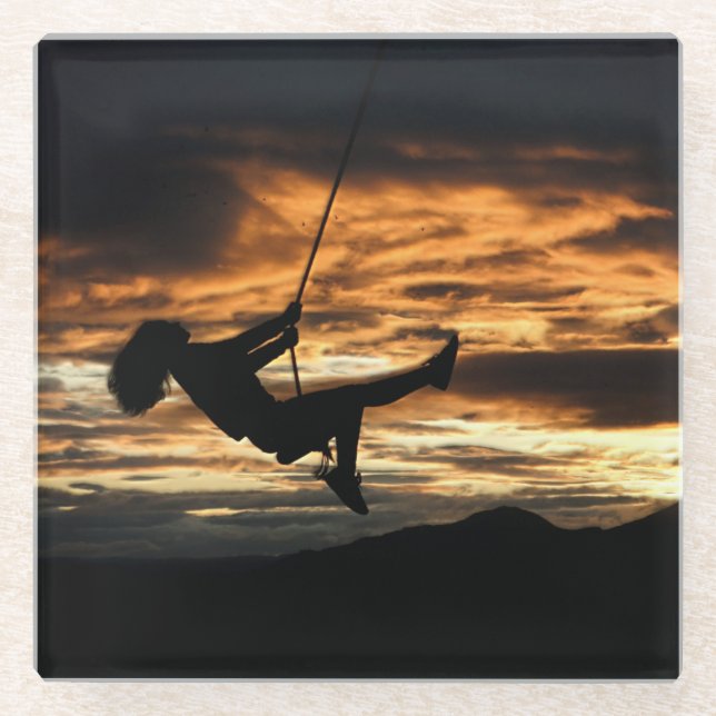 Sunset Silhouette of Girl on Swing Glass Coaster (Front)