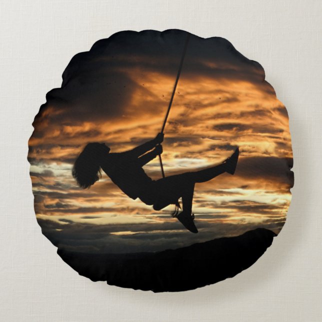 Sunset Silhouette of Girl on Swing Round Cushion (Front)