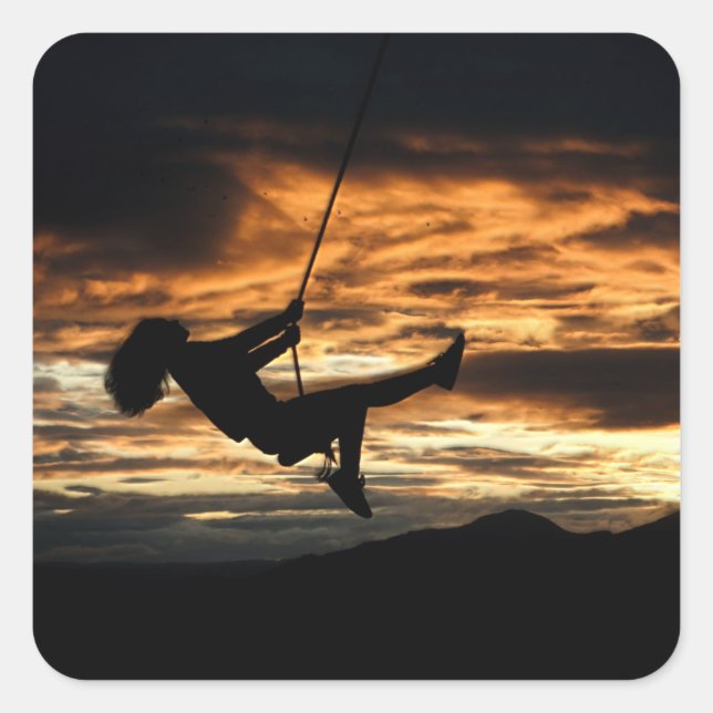 Sunset Silhouette of Girl on Swing Square Sticker (Front)