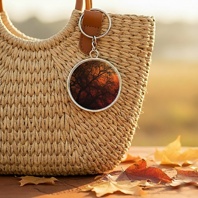 Sunset Silhouette Winter Tree Key Ring (Sunset Silhouette Tree Art Keychain)