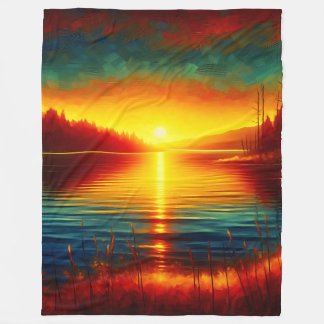 “Sunset Silhouettes Over Water” Fleece Blanket (Front)