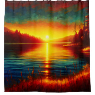 “Sunset Silhouettes Over Water” Shower Curtain