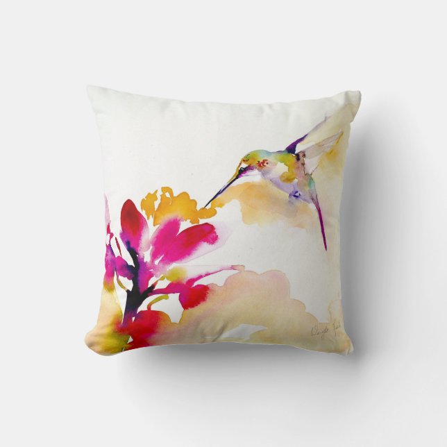 "Sunset Sip" Hummingbird Print Cushion (Front)