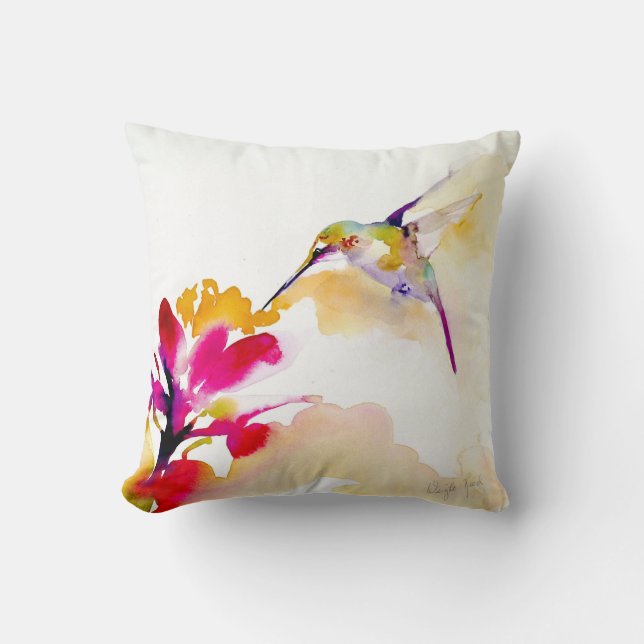 "Sunset Sip" Hummingbird Print on Cushion (Front)