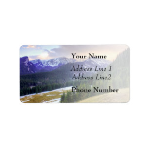 Sunset Sky And Snow Covered Mountains Label