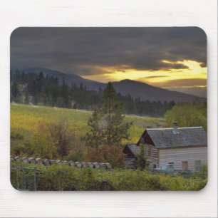 Sunset sky over vineyards and historic log cabin mouse pad