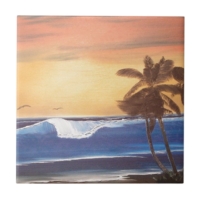 Sunset Sky, Palms & Ocean Ceramic Tile (Front)