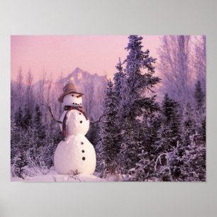 Sunset Snowman in the Winter Mountains Poster