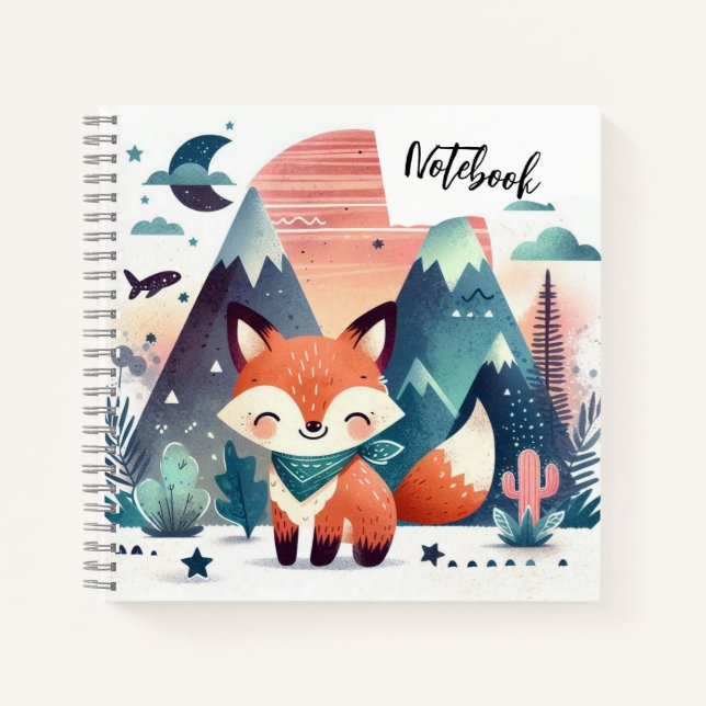  Sunset Snuggles – Smiling Fox in Desert Mountains Notebook (Front)