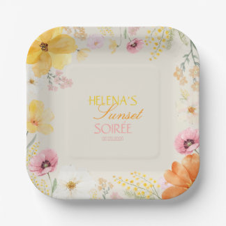 Sunset Soirée Elegant Floral Orange, Pink & Yellow Paper Plate
