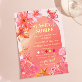 Sunset Soiree Pink Bow Cocktail Citrus Birthday Invitation