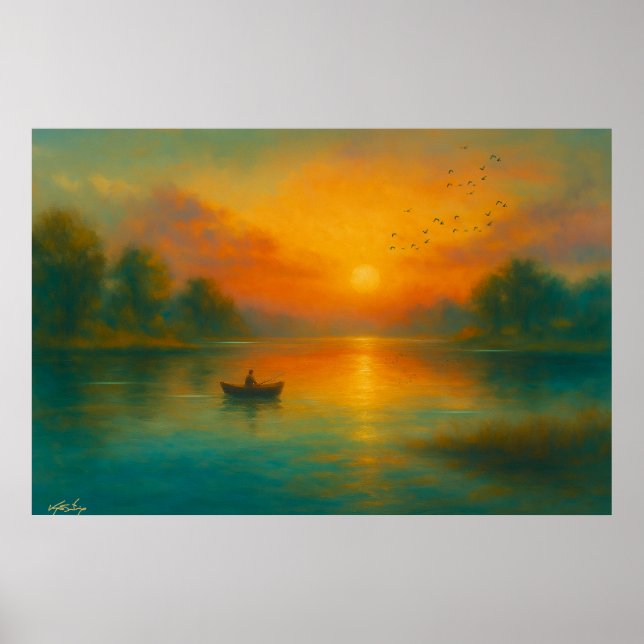 Sunset Solitude - Fisherman in Golden Reflection Poster (Front)
