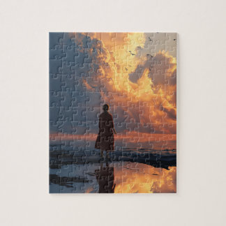Sunset Solitude: Woman in Red Dress Jigsaw Puzzle