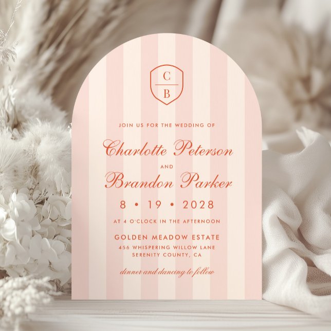 Sunset Spritz Stripes Monogram Crest Wedding Invitation (Creator Uploaded)