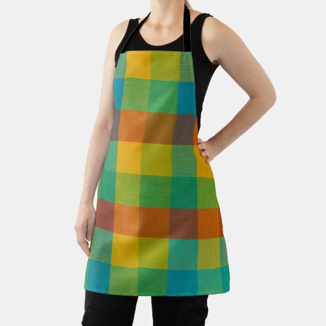 Sunset Squares – Colourful Plaid Kitchen Apron (Insitu)