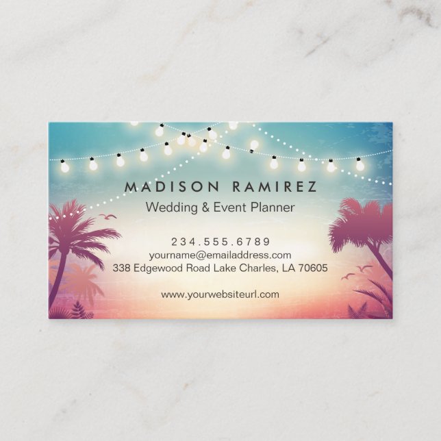 Sunset String Lights Palm Outdoor Event Planner Business Card (Front)