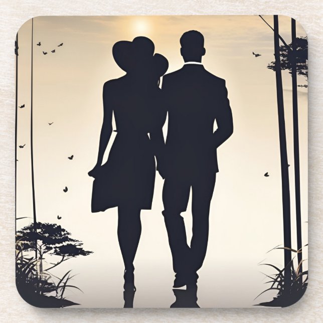 Sunset Stroll Black Silhouette Couple Coaster (Front)