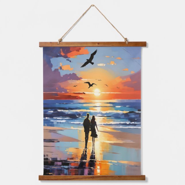 Sunset Stroll Expressionist Romantic Beach Scene Hanging Tapestry (Front)