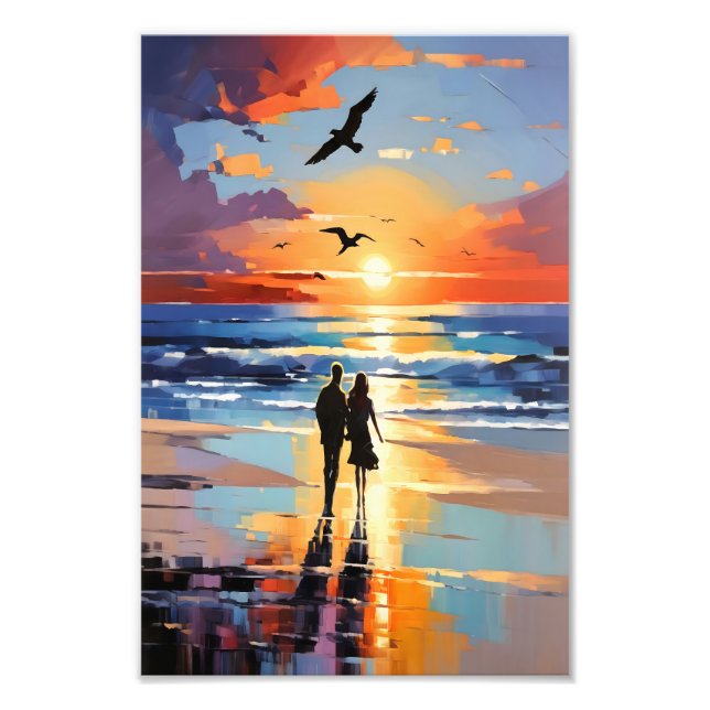 Sunset Stroll Expressionist Romantic Beach Scene Photo Print (Front)