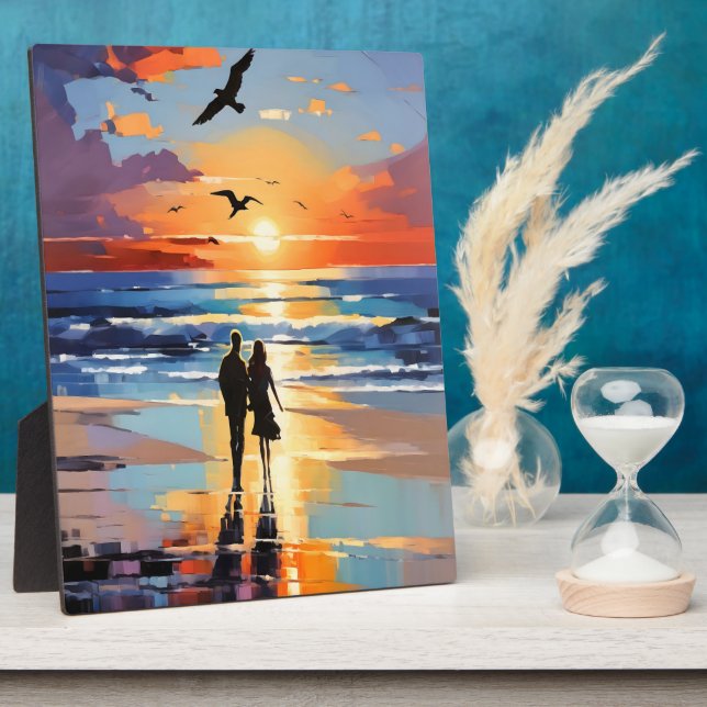Sunset Stroll Expressionist Romantic Beach Scene Plaque (Side)